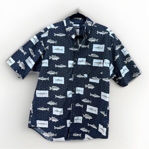 Puritan Cotton Hawaiian Shirt Sz L Blue Geometric Print with Freshwater Fish